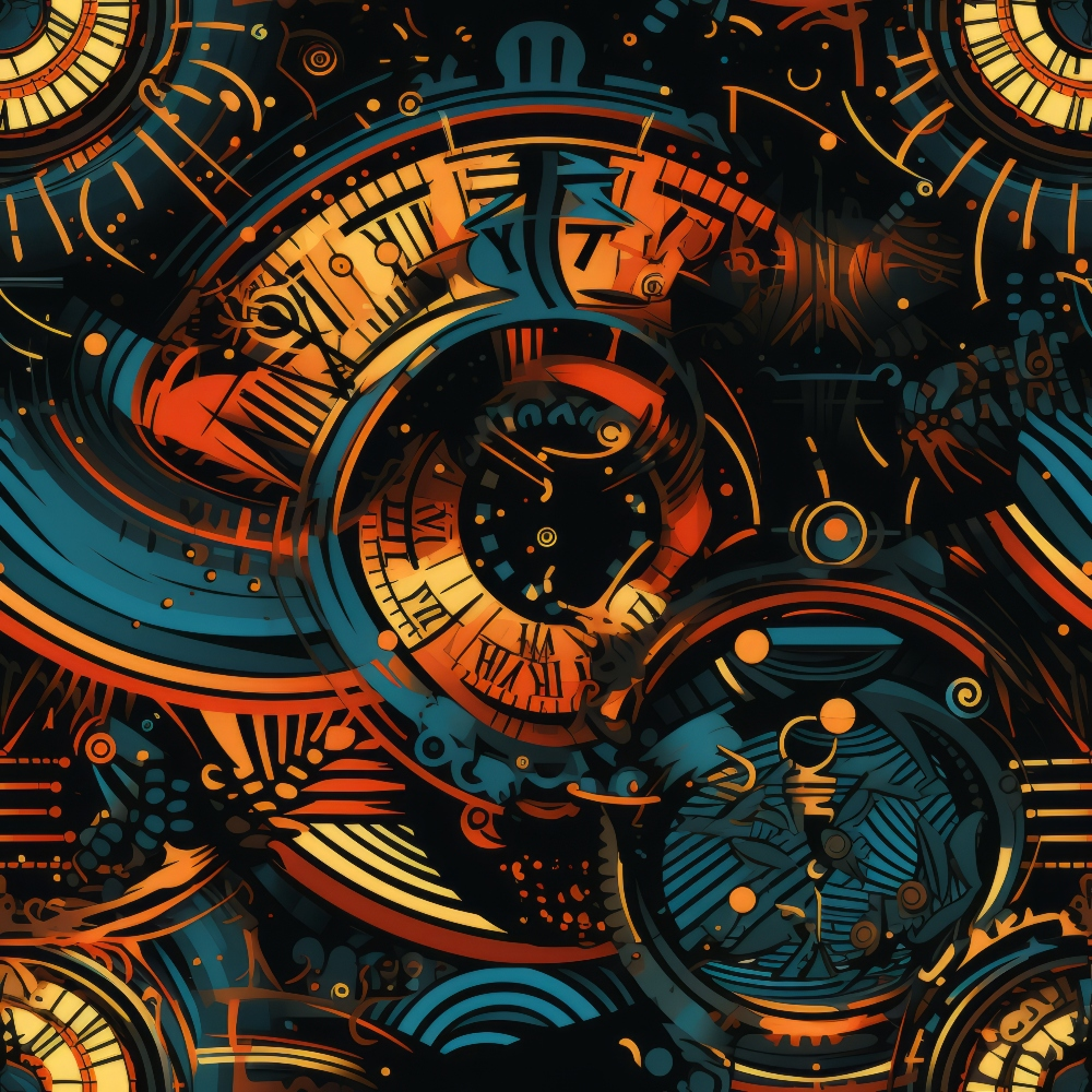 Abstract design featuring overlapping clock faces with Roman numerals, in vivid orange and blue hues on a dark background.