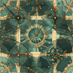 Abstract geometric design with overlapping circles, lines, and shapes in teal and tan hues, resembling a complex mechanical blueprint.
