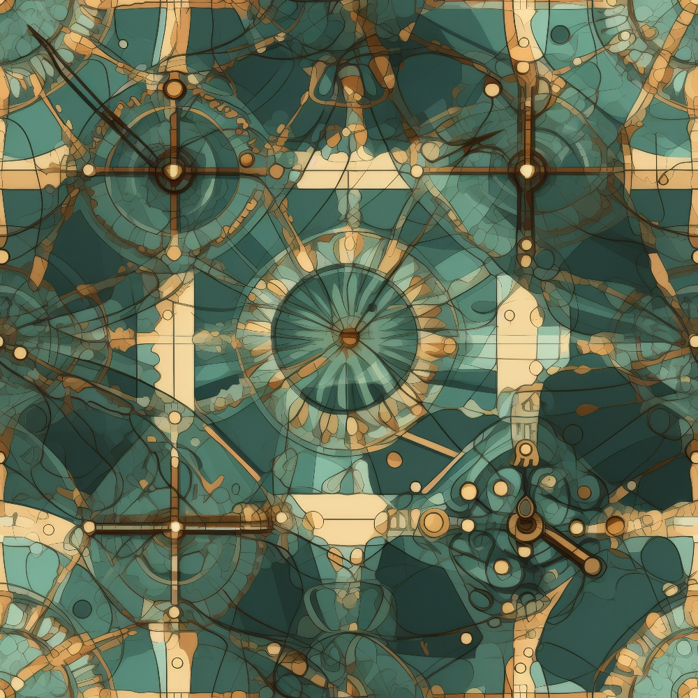 Abstract geometric design with overlapping circles, lines, and shapes in teal and tan hues, resembling a complex mechanical blueprint.