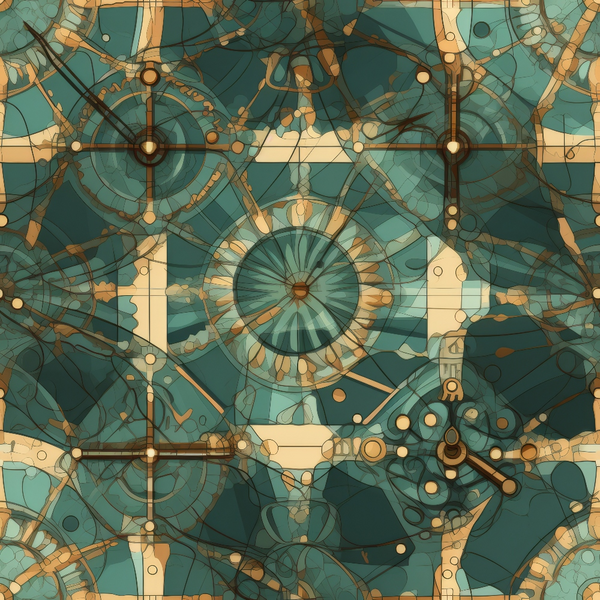 Abstract geometric design with overlapping circles, lines, and shapes in teal and tan hues, resembling a complex mechanical blueprint.
