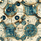 Abstract pattern with interconnected circles and geometric shapes in blue, beige, and brown tones.