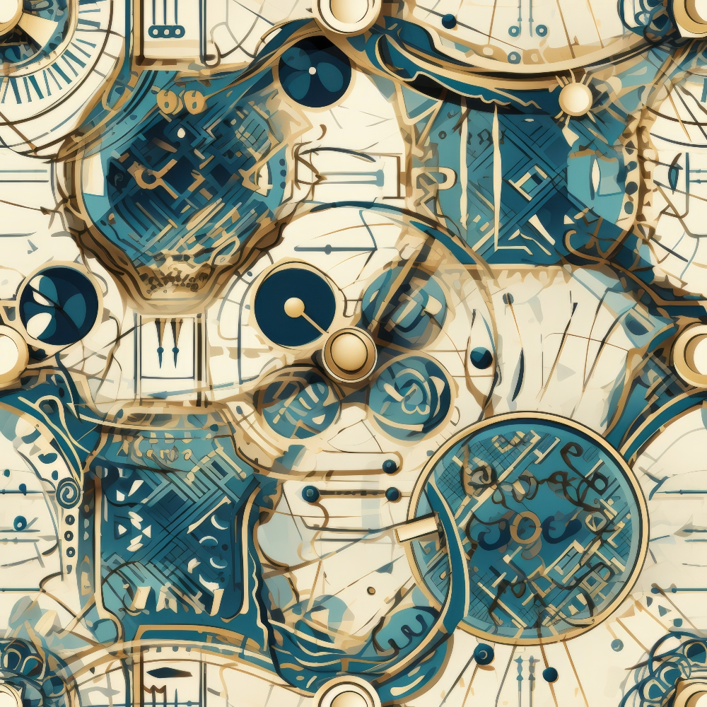 Abstract pattern with interconnected circles and geometric shapes in blue, beige, and brown tones.