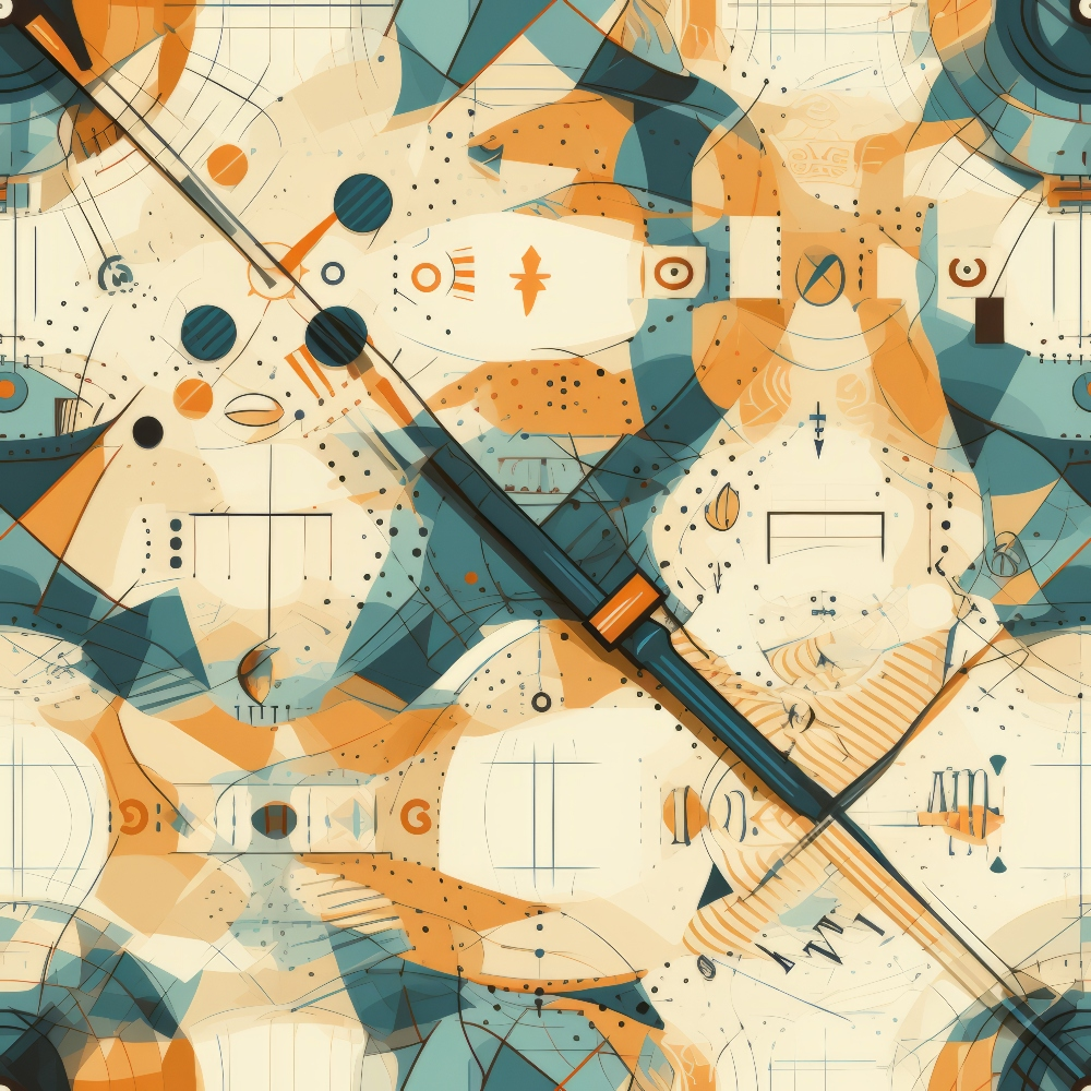 Abstract geometric artwork with overlapping shapes in teal, orange, and cream hues. Lines, circles, and rectangles create a complex pattern, with a prominent diagonal line crossing the image.