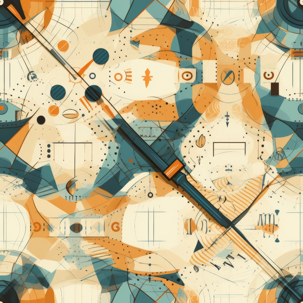 Abstract geometric artwork with overlapping shapes in teal, orange, and cream hues. Lines, circles, and rectangles create a complex pattern, with a prominent diagonal line crossing the image.