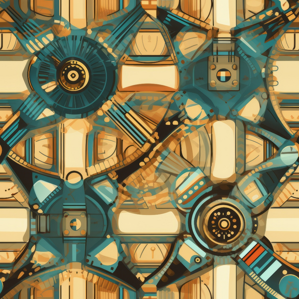 Abstract geometric artwork with interlocking circular and rectangular shapes in shades of blue, brown, and beige. Patterns feature mechanical and industrial design elements.