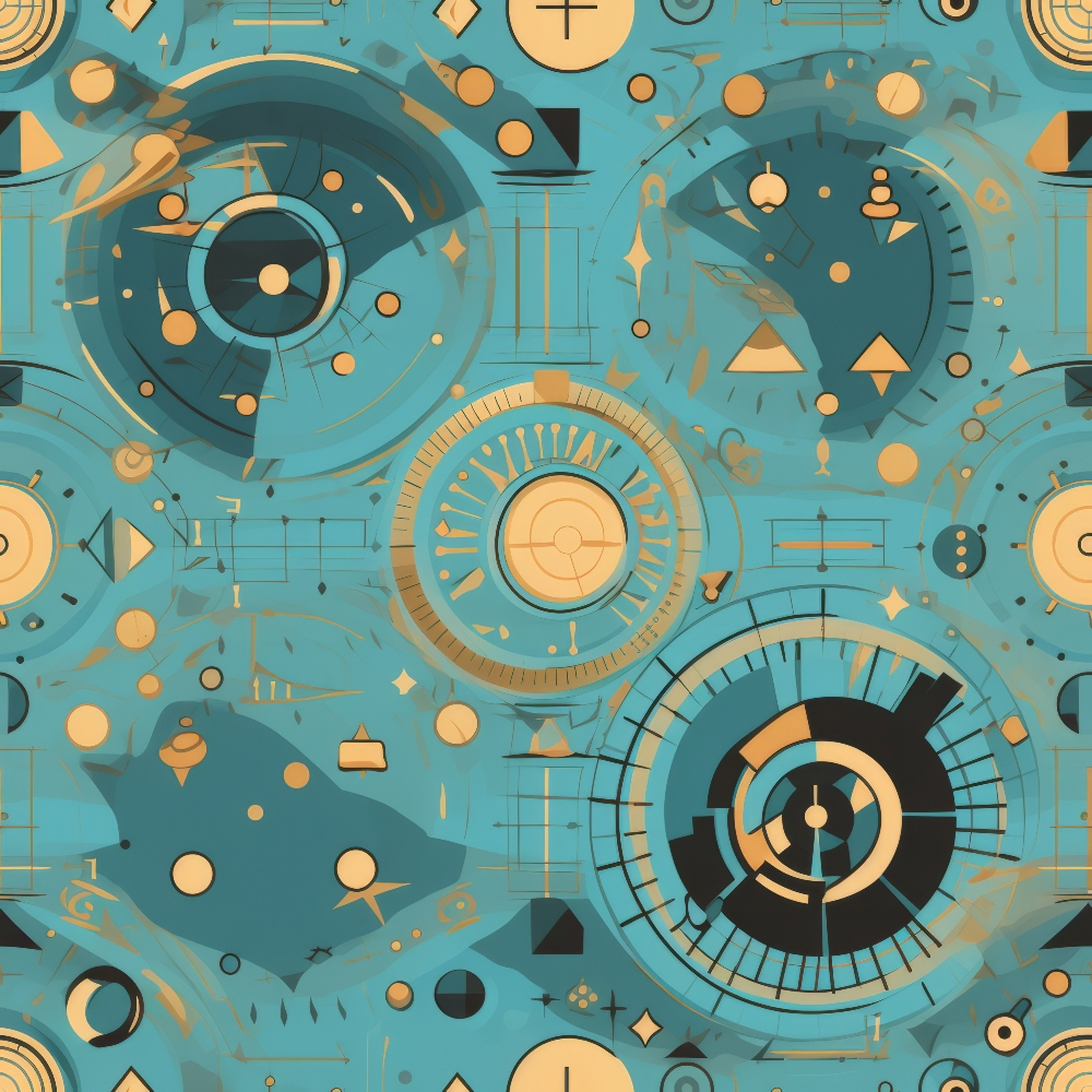 Abstract pattern with circular, geometric shapes in shades of blue, orange, and black, resembling a futuristic or technological design.