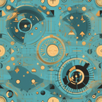 Abstract pattern with circular, geometric shapes in shades of blue, orange, and black, resembling a futuristic or technological design.