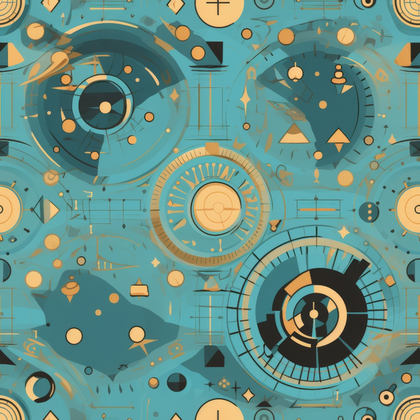 Abstract pattern with circular, geometric shapes in shades of blue, orange, and black, resembling a futuristic or technological design.