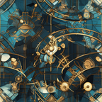 Abstract geometric pattern with gold and blue elements, featuring interconnected lines, curves, and various shapes.