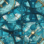 Abstract geometric artwork with overlapping circular and linear patterns in shades of blue, accented with gold elements, creating a stained glass effect.