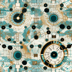 Abstract geometric art featuring interconnected circles and lines in teal, black, and gold on a textured white background.