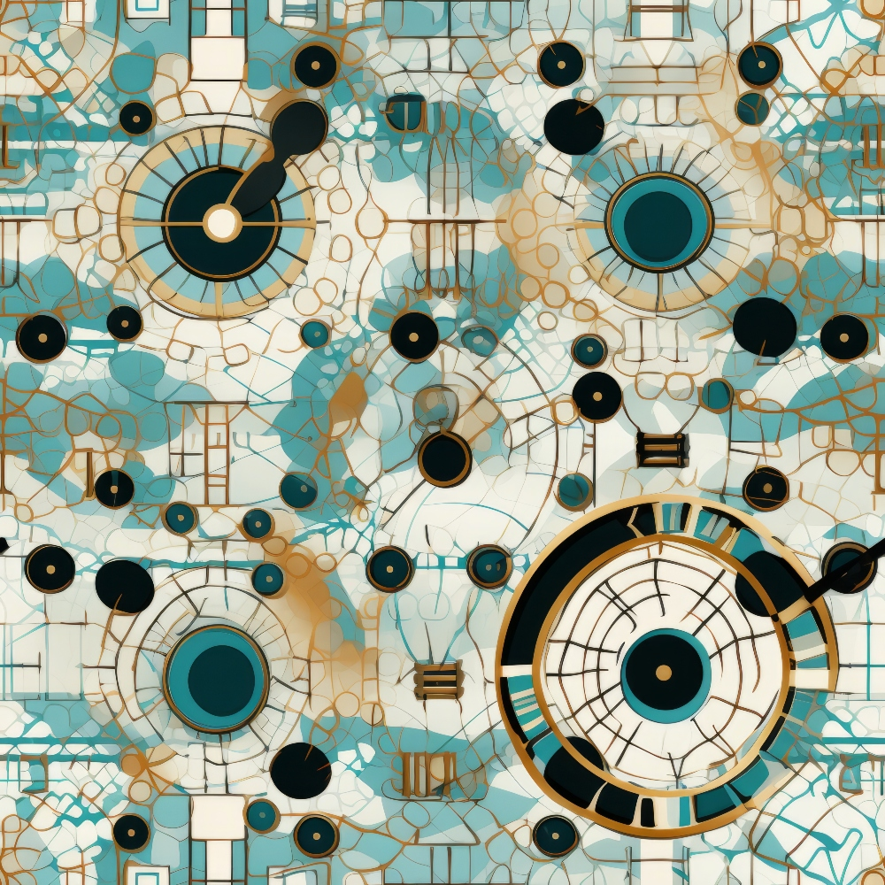 Abstract geometric art featuring interconnected circles and lines in teal, black, and gold on a textured white background.