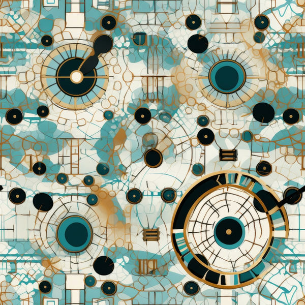 Abstract geometric art featuring interconnected circles and lines in teal, black, and gold on a textured white background.