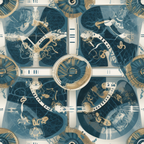 Abstract geometric pattern with circular and linear motifs in blue, white, and beige tones, featuring a symmetrical layout.