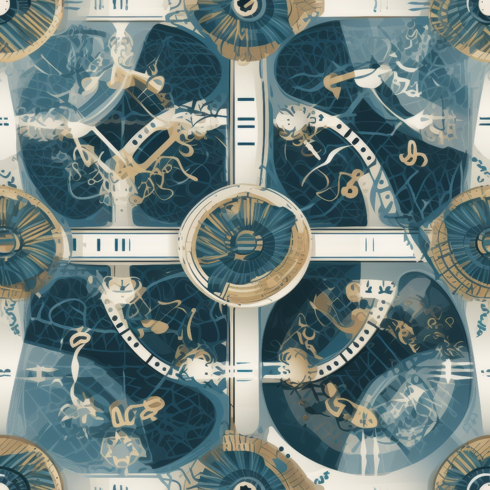 Abstract geometric pattern with circular and linear motifs in blue, white, and beige tones, featuring a symmetrical layout.