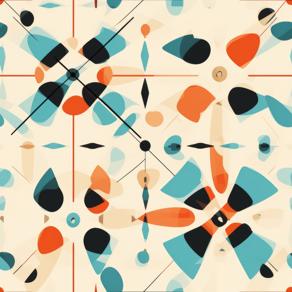 Abstract geometric pattern with overlapping shapes in orange, blue, and black on a cream background, forming symmetrical designs with lines and circles.