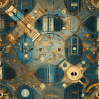 Abstract geometric artwork with circular and rectangular patterns in blue, brown, and beige tones. Various interconnected shapes and lines create a complex, layered design.