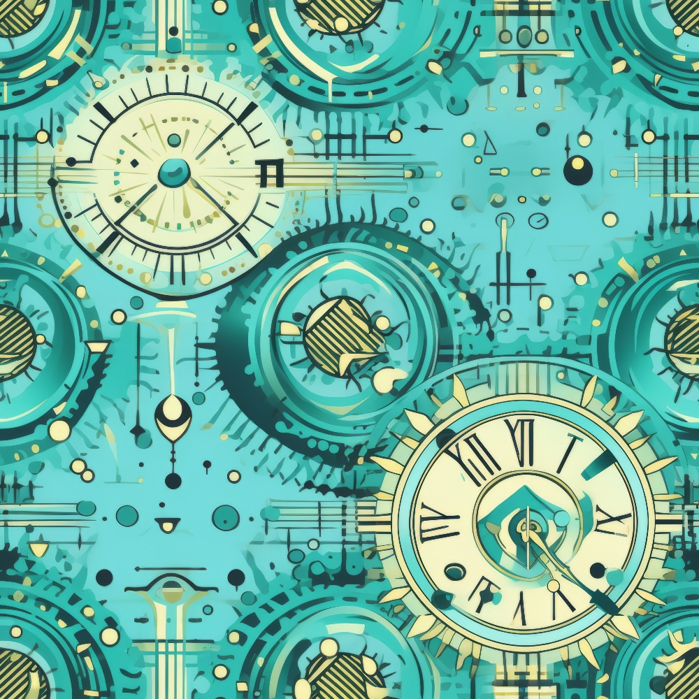 Abstract pattern featuring interconnected clocks and gears in shades of teal and cream.