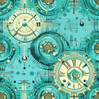 Abstract pattern featuring interconnected clocks and gears in shades of teal and cream.