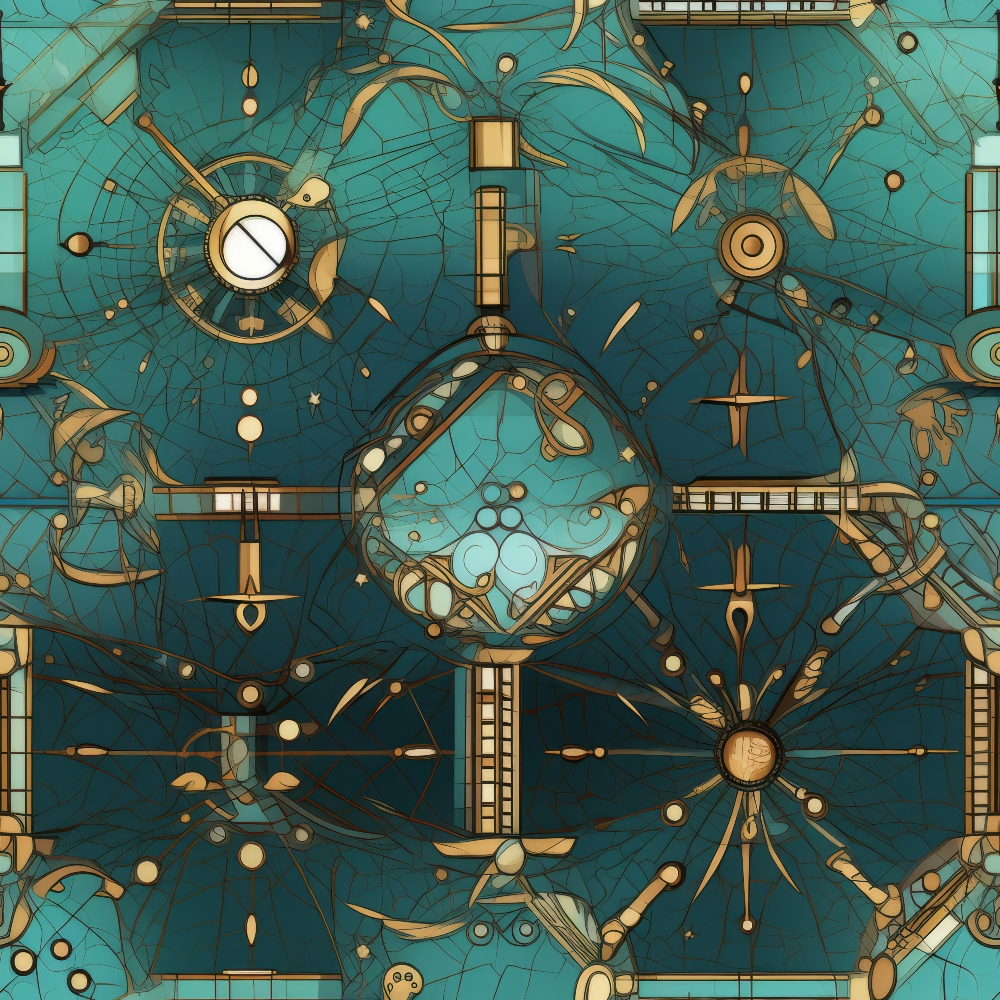 Abstract artwork with intricate geometric patterns and circular motifs on a teal background, featuring gold and bronze accents.