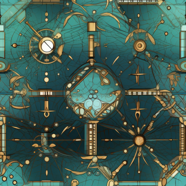 Abstract artwork with intricate geometric patterns and circular motifs on a teal background, featuring gold and bronze accents.