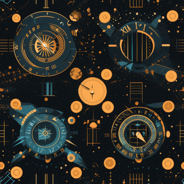 Abstract image featuring various clock faces and geometric shapes in blue and orange tones on a dark background.