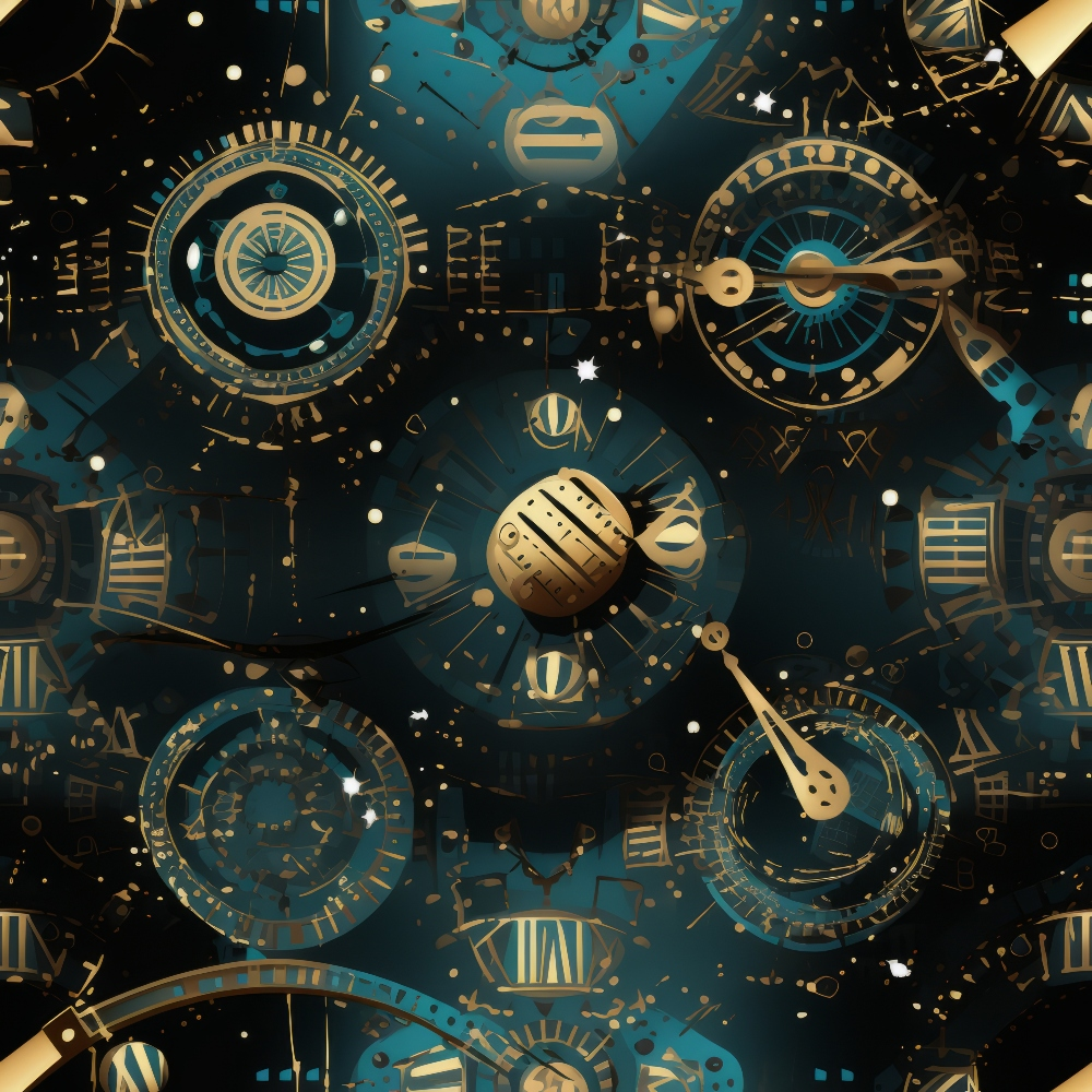 Steampunk-inspired design with intricate gears, clocks, and celestial patterns in blue and gold hues.
