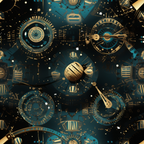 Steampunk-inspired design with intricate gears, clocks, and celestial patterns in blue and gold hues.