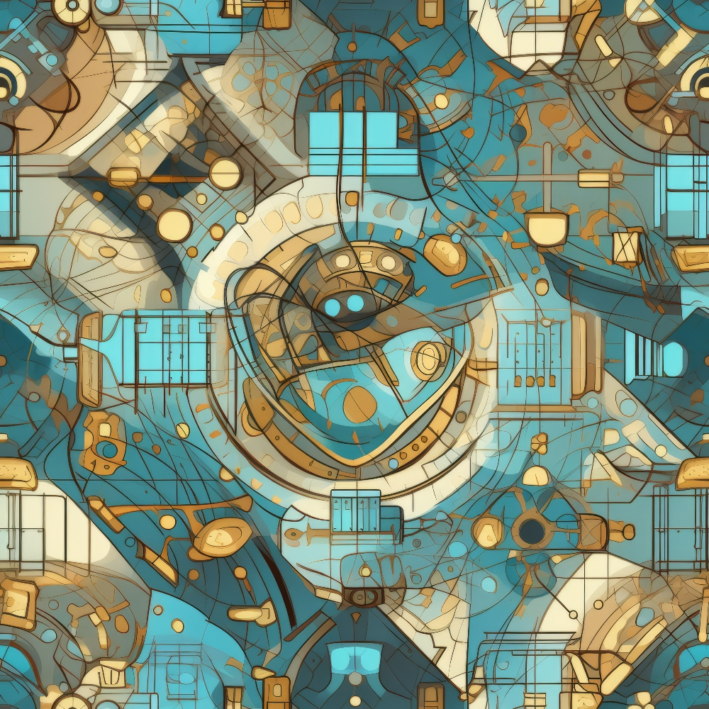 Abstract artwork featuring a complex arrangement of geometric shapes and patterns in blue, gold, and white tones, creating an intricate, interconnected design.