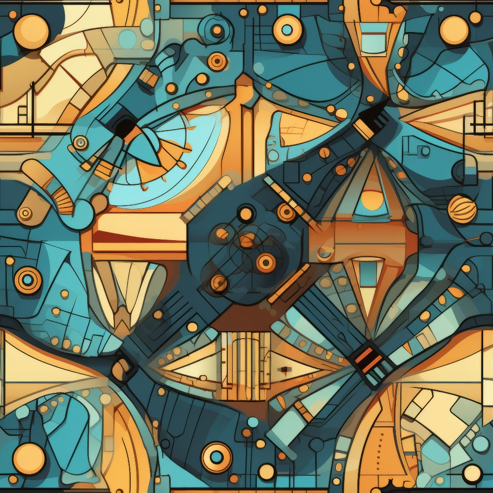 Abstract geometric artwork with overlapping shapes in shades of blue, brown, and beige, featuring circles, lines, and angles in a symmetrical composition.