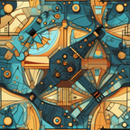 Abstract geometric artwork with overlapping shapes in shades of blue, brown, and beige, featuring circles, lines, and angles in a symmetrical composition.
