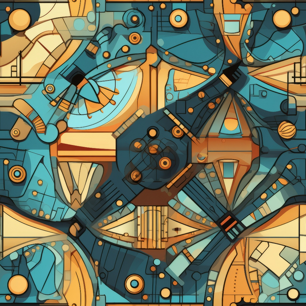 Abstract geometric artwork with overlapping shapes in shades of blue, brown, and beige, featuring circles, lines, and angles in a symmetrical composition.