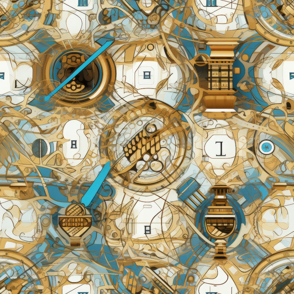 Abstract artwork featuring intricate blue and gold mechanical clock components and gears, arranged in a symmetrical pattern.