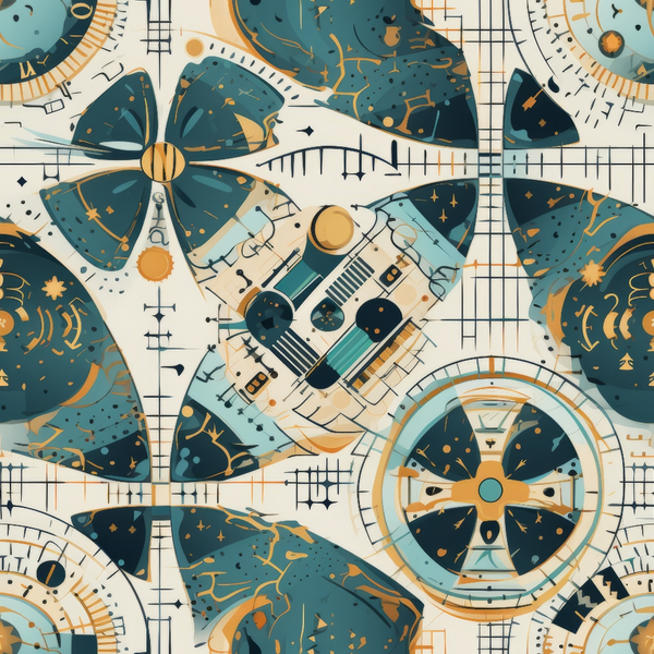 Abstract geometric pattern featuring circular and triangular shapes in teal and gold tones, with intricate line details and grid elements on a light background.