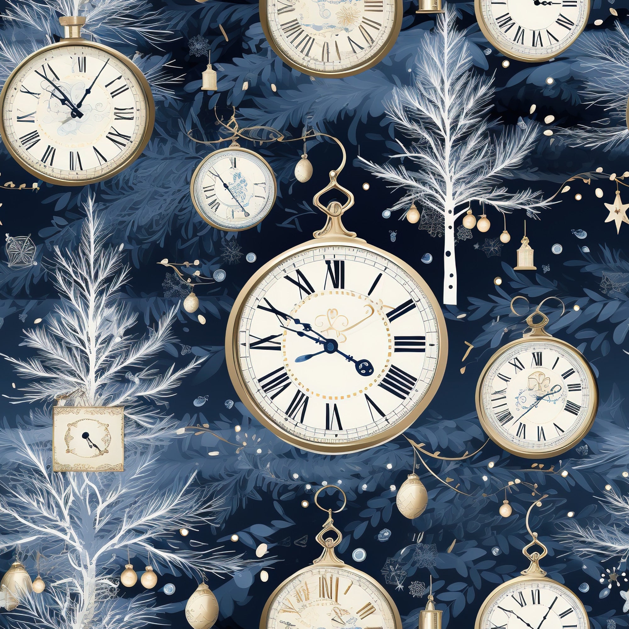 navy blue, midnight blue, gold accents, cream white, silver details, vintage clocks, pocket watches, roman numerals, winter branches, frosted pine, ornate timepieces, elegant pattern,, fabric panel, winter theme, timeless motif, decorative baubles, antique style, seasonal design, luxurious feel