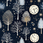 navy blue, winter trees, clock faces, roman numerals, snowflakes, starbursts, botanical silhouettes, cream white, gold accents,, fabric panel, midnight blue, bare branches, celestial motifs, winter wonderland, elegant design, nature pattern, holiday theme, decorative elements, crafting fabric