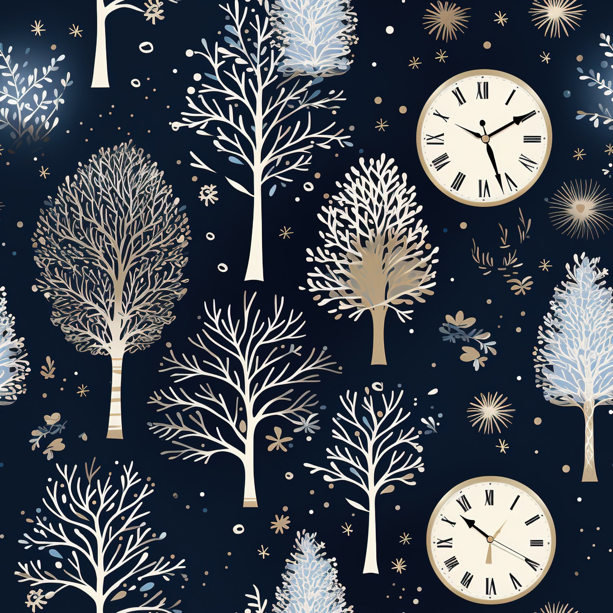 navy blue, winter trees, clock faces, roman numerals, snowflakes, starbursts, botanical silhouettes, cream white, gold accents,, fabric panel, midnight blue, bare branches, celestial motifs, winter wonderland, elegant design, nature pattern, holiday theme, decorative elements, crafting fabric