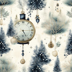winter wonderland, vintage clock, pocket watch, roman numerals, evergreen branches, pine needles, christmas ornaments, navy blue, cream background, gold accents, hanging baubles, snowflakes, festive garland,, fabric panel, holiday theme, elegant pattern, watercolor style, winter branches, decorative spheres