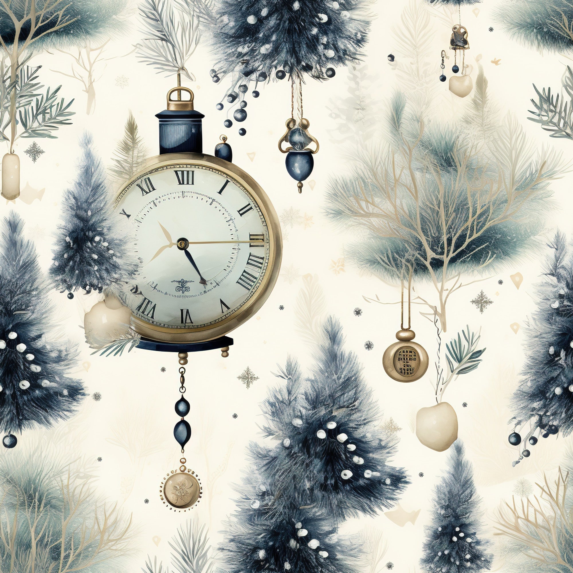 winter wonderland, vintage clock, pocket watch, roman numerals, evergreen branches, pine needles, christmas ornaments, navy blue, cream background, gold accents, hanging baubles, snowflakes, festive garland,, fabric panel, holiday theme, elegant pattern, watercolor style, winter branches, decorative spheres