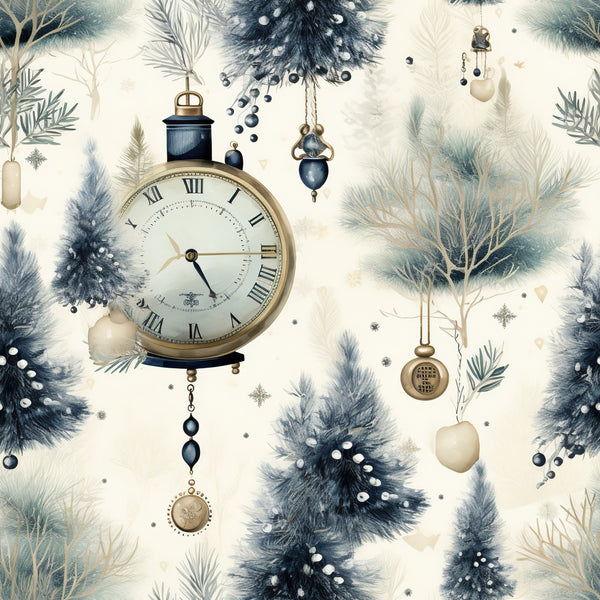 winter wonderland, vintage clock, pocket watch, roman numerals, evergreen branches, pine needles, christmas ornaments, navy blue, cream background, gold accents, hanging baubles, snowflakes, festive garland,, fabric panel, holiday theme, elegant pattern, watercolor style, winter branches, decorative spheres