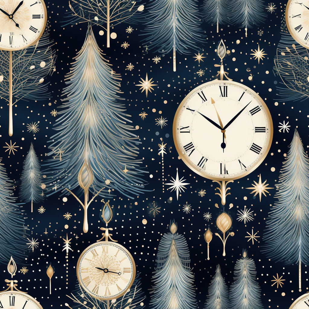 navy blue, gold accents, cream white, vintage clocks, roman numerals, evergreen trees, pine trees, winter stars, celestial motifs, ornate ornaments, midnight blue background, golden details, christmas trees, winter wonderland,, fabric panel, holiday theme, elegant pattern, starry night, timepiece design