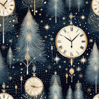 navy blue, gold accents, cream white, vintage clocks, roman numerals, evergreen trees, pine trees, winter stars, celestial motifs, ornate ornaments, midnight blue background, golden details, christmas trees, winter wonderland,, fabric panel, holiday theme, elegant pattern, starry night, timepiece design