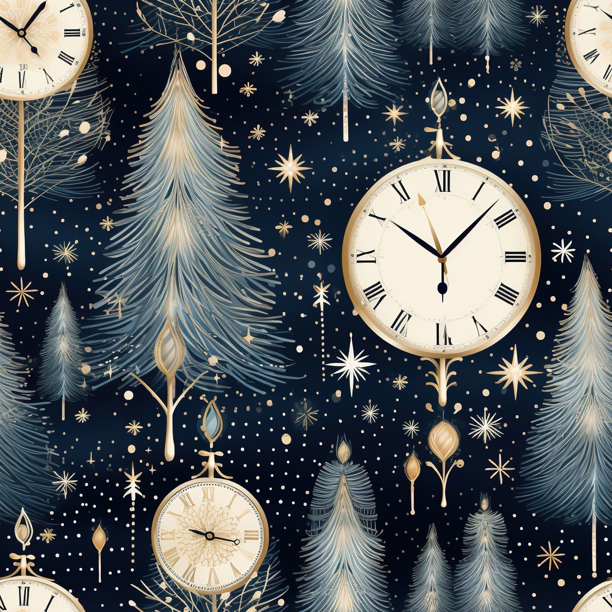 navy blue, gold accents, cream white, vintage clocks, roman numerals, evergreen trees, pine trees, winter stars, celestial motifs, ornate ornaments, midnight blue background, golden details, christmas trees, winter wonderland,, fabric panel, holiday theme, elegant pattern, starry night, timepiece design