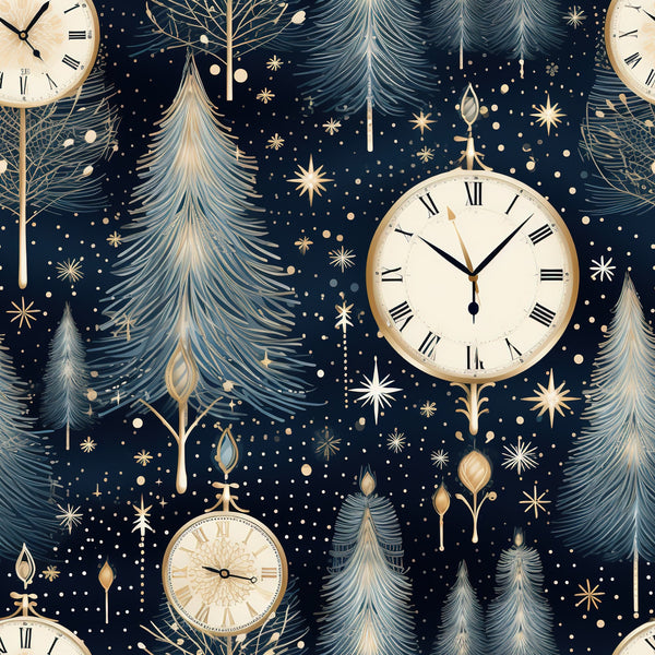 navy blue, gold accents, cream white, vintage clocks, roman numerals, evergreen trees, pine trees, winter stars, celestial motifs, ornate ornaments, midnight blue background, golden details, christmas trees, winter wonderland,, fabric panel, holiday theme, elegant pattern, starry night, timepiece design