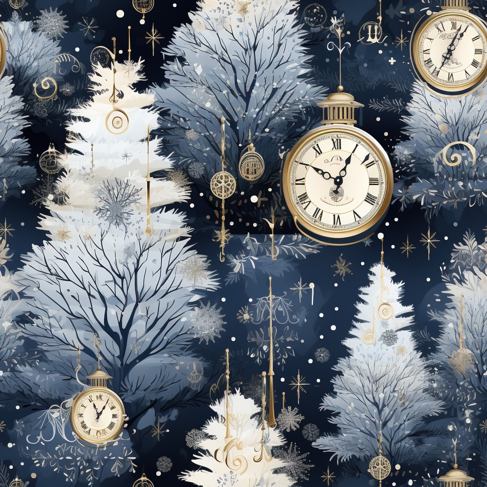 navy blue, gold accents, cream white, winter trees, pocket watches, snowflakes, frost branches,, fabric panel, vintage clocks, midnight blue, celestial stars, snowy landscape, ornate timepieces, winter wonderland, roman numerals, golden ornaments, icy branches, whimsical pattern, seasonal motifs