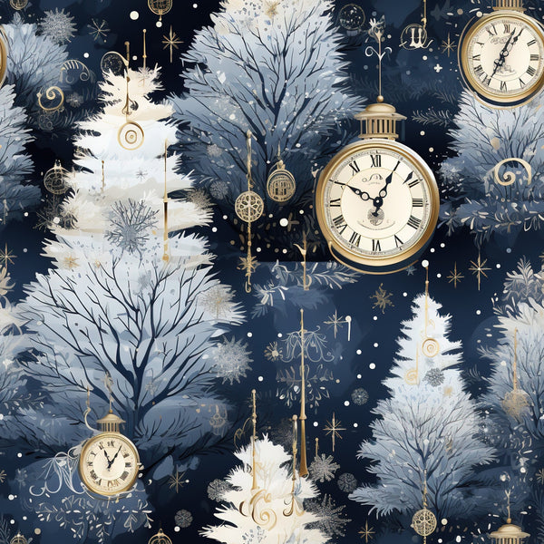 navy blue, gold accents, cream white, winter trees, pocket watches, snowflakes, frost branches,, fabric panel, vintage clocks, midnight blue, celestial stars, snowy landscape, ornate timepieces, winter wonderland, roman numerals, golden ornaments, icy branches, whimsical pattern, seasonal motifs