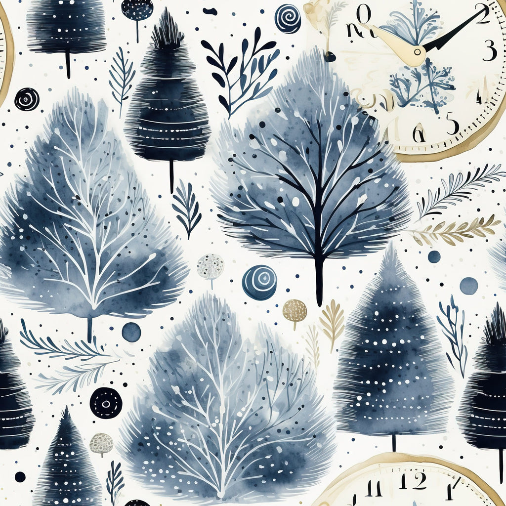 winter pattern, navy blue, dusty blue, cream, gold accents, watercolor trees, evergreen trees, clock faces, botanical elements, branches, dots, circles, geometric shapes, whimsical design,, fabric panel, winter wonderland, snowy trees, artistic illustration, modern folk art, seasonal motifs