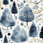 winter pattern, navy blue, dusty blue, cream, gold accents, watercolor trees, evergreen trees, clock faces, botanical elements, branches, dots, circles, geometric shapes, whimsical design,, fabric panel, winter wonderland, snowy trees, artistic illustration, modern folk art, seasonal motifs