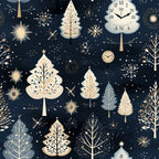 navy blue, cream, gold, winter trees, christmas trees, fireworks, snowflakes, clock faces, starbursts, scattered dots, whimsical illustration, festive pattern, holiday motifs,, fabric panel, winter wonderland, celestial elements, botanical designs, midnight blue background, seasonal fabric