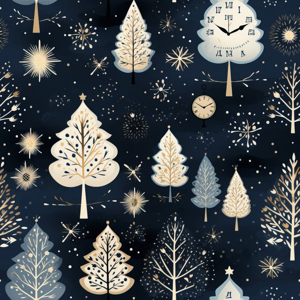 navy blue, cream, gold, winter trees, christmas trees, fireworks, snowflakes, clock faces, starbursts, scattered dots, whimsical illustration, festive pattern, holiday motifs,, fabric panel, winter wonderland, celestial elements, botanical designs, midnight blue background, seasonal fabric